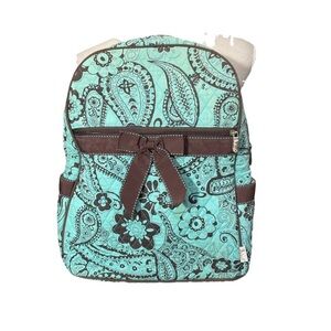 Belvah Elegant Paisley Quilted Footed Backpack - Teal and Brown